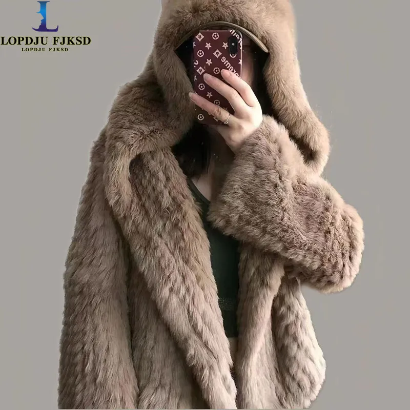 

Real Rex Rabbit Fur Coat for Women,Hooded Thick Warm Loose Jacket,Open Stitch Overcoat, Female Clothing,Winter, High Quality