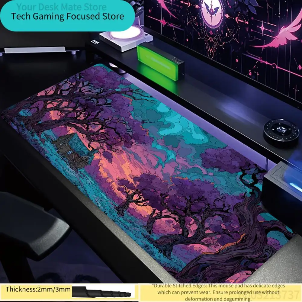 

1Pcs Psychedelic Twilight Forest Print Large Stitched Edge Mouse Pad Non-Slip Desk Mat for Gaming Office