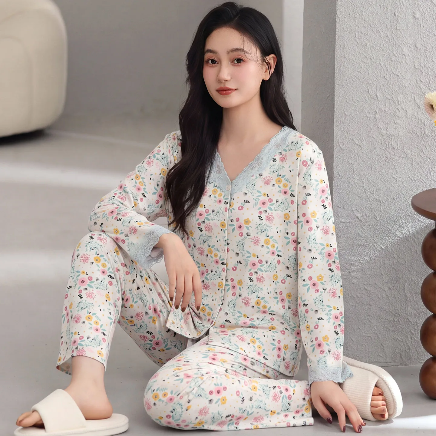 Women Flowers Pajamas Set Lace Pijamas Mujer Autumn Sweet Elegant Long Sleeve Cardigan V-Neck Nightwear 100% Cotton Homewear