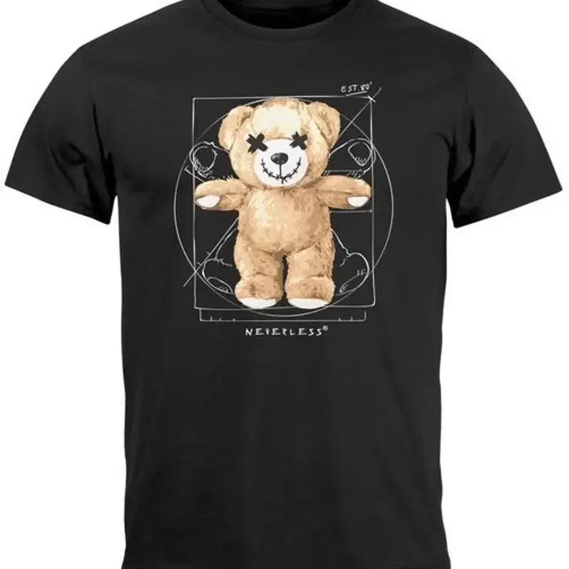 Mens Print Teddy Bear DaVinci Meme Parody Fashion Street Style T-Shirt