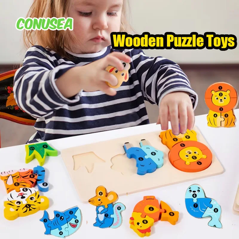 3D Wooden Puzzle Baby Toys Montessori Cartoon Animal Food Chain Lion Bear Board Educational Matiching Interactive Games Children