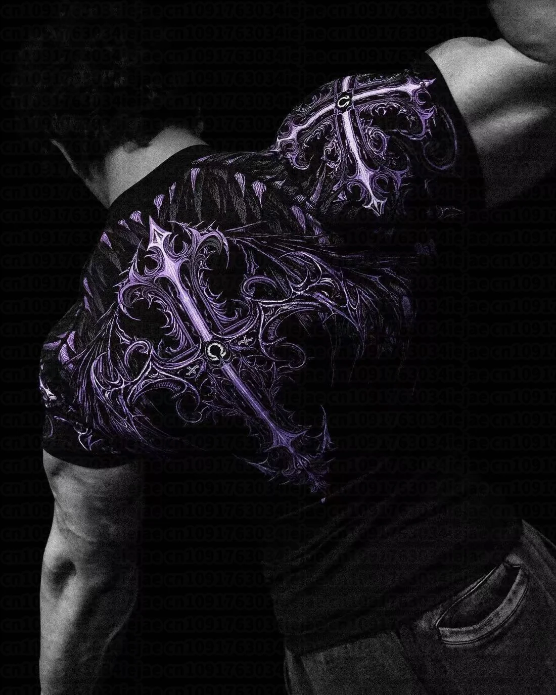 Herren Kinder Schnelltrocknendes Kompressions-T-Shirt mit Gothischem Roten Kreuz Flügel-Rückenaufdruck T-Shirt Bodybuilding Workout Kurzarm Sportshirt Top – Detail 13