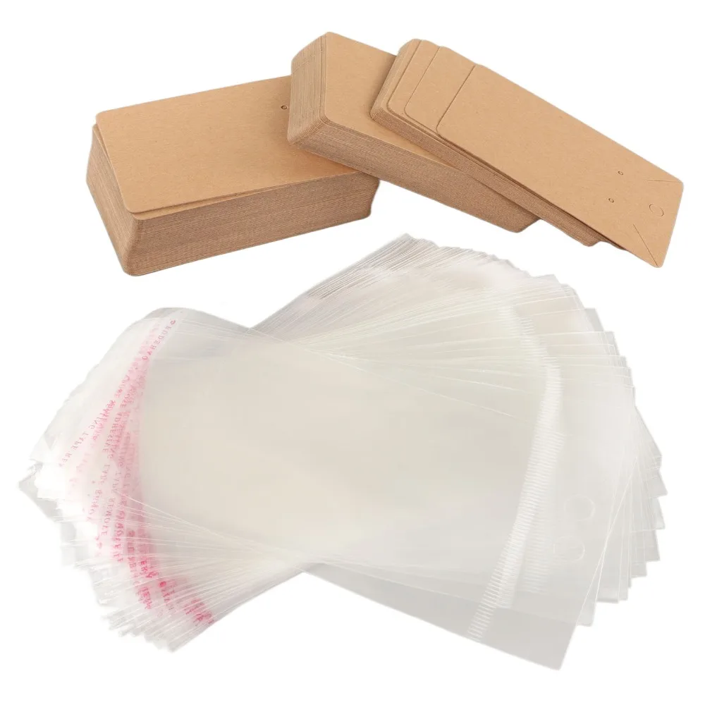 

100 шт. карточек для демонстрации серег с отверстиями для подвешивания, прозрачные самоклеящиеся пакеты, карточки для демонстрации ювелирных изделий, крафт-бумага, коричневые