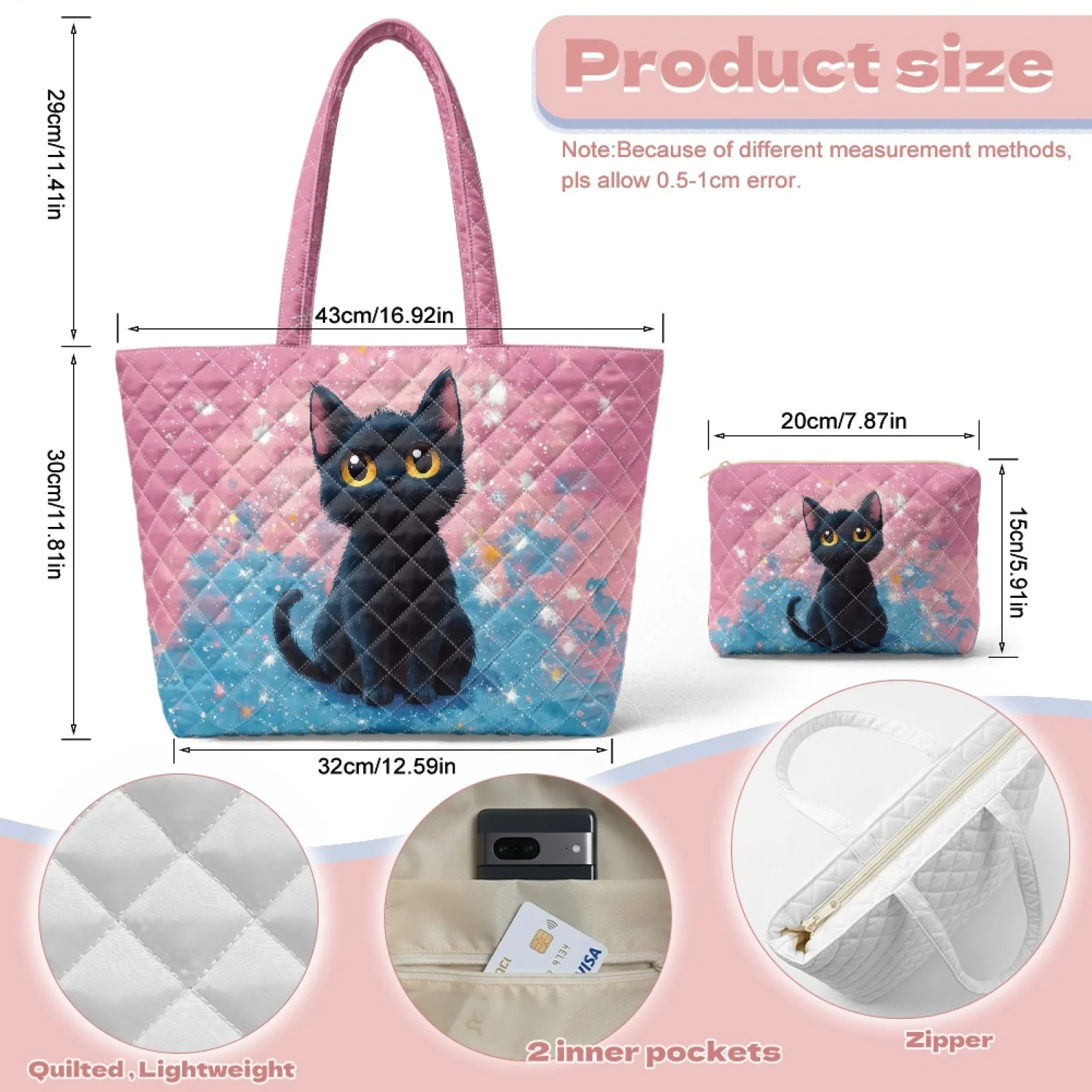 Coloranimal White Quilted 2 Piece Tote Handbag Set, Durable Polyester Shoulder Bag with Pouch for Office and Daily Outings