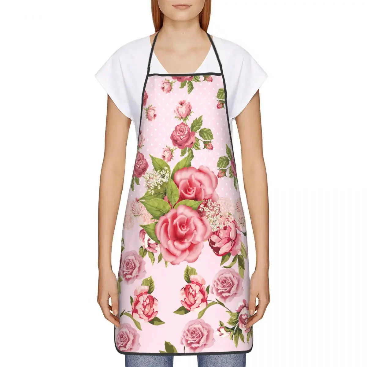 Elegance Pink Rose Aprons for Women Men Floral Pattern Adult Kitchen Chef Bib Tablier Cuisine Cooking Baking Painting