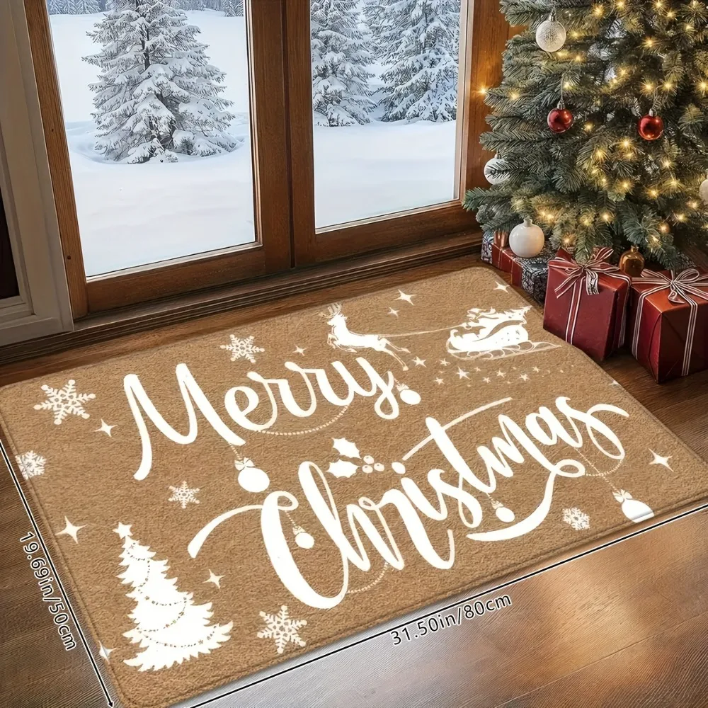 

1PC Merry Christmas Letter Printed Holiday Door Mat Soft Floor Mat Non-slip Water-absorbent and Machine-washable Kitchen Mat