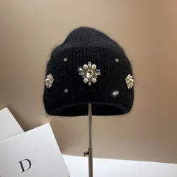 Designer Brand Women Luxury Rhinestones Knitted Hat Autumn Winter Rabbit Fur Beanie Cap Female Thicken Warm Skullies Caps