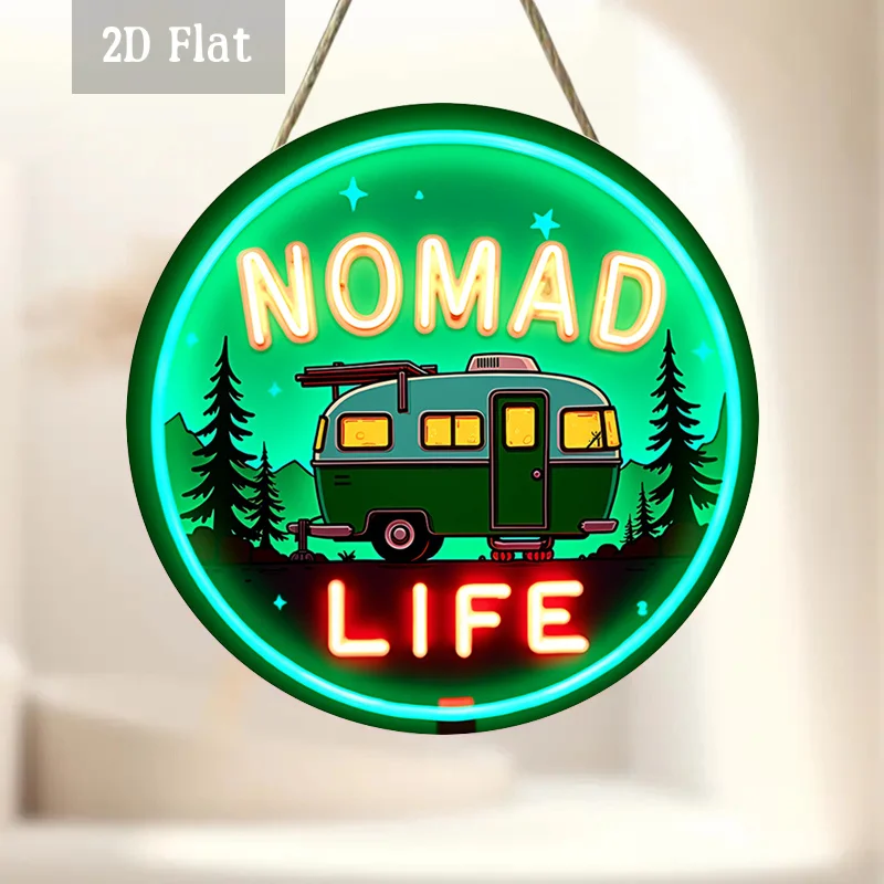 2D Flat, 1pc Vintage Neon Sign Wood Panel Wall Art - Nomad Life Round Frameless Painting Suitable for Home, Garage, Cafe, RV Car