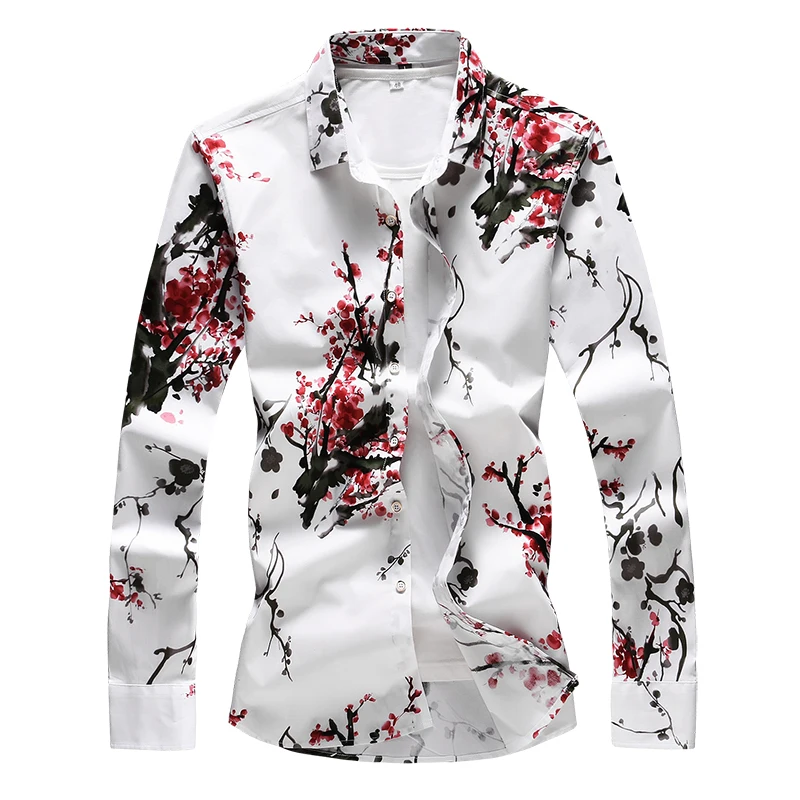 High Quality Fashion Men\'s Cotton Floral Shirt Slim Fit Long Sleeve Shirts Men Casual Flower Shirts Party Plus Size 6XL 7XL