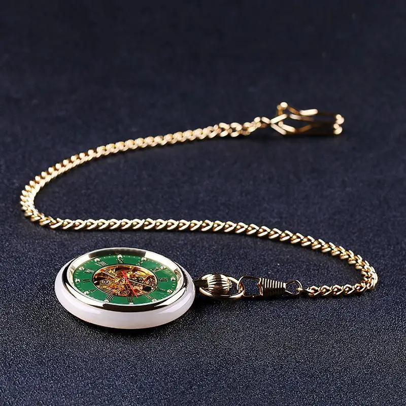 Hetian jade jasper white jade ink jade mechanical pocket watch retro hollow stainless steel men's