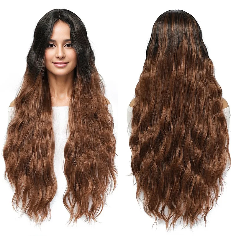 Femme perruque quotidienne sans frange cheveux bouclés fête habiller chapeaux dégradé couleur longues vagues rouleau cheveux dame ondulation coloré perruque couverture