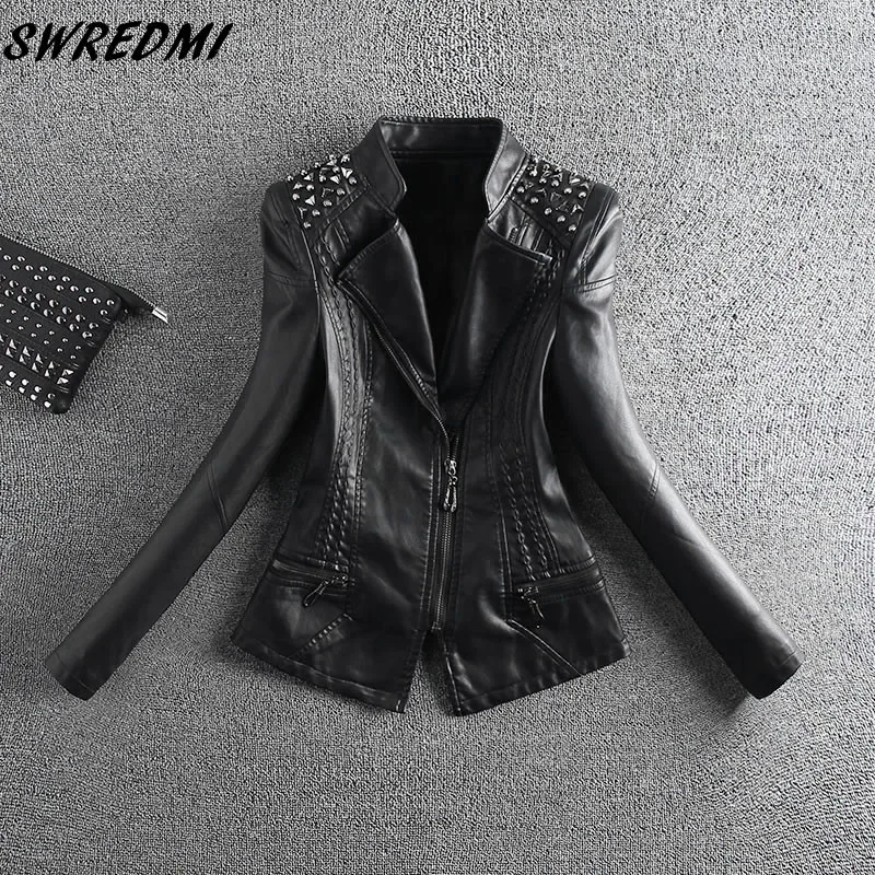 SWREDMI 2024 New Fashion Red Motorcycle Leather Jacket Women Rivet Zippers Biker Leather Coat S-4XL Suede Outerwear