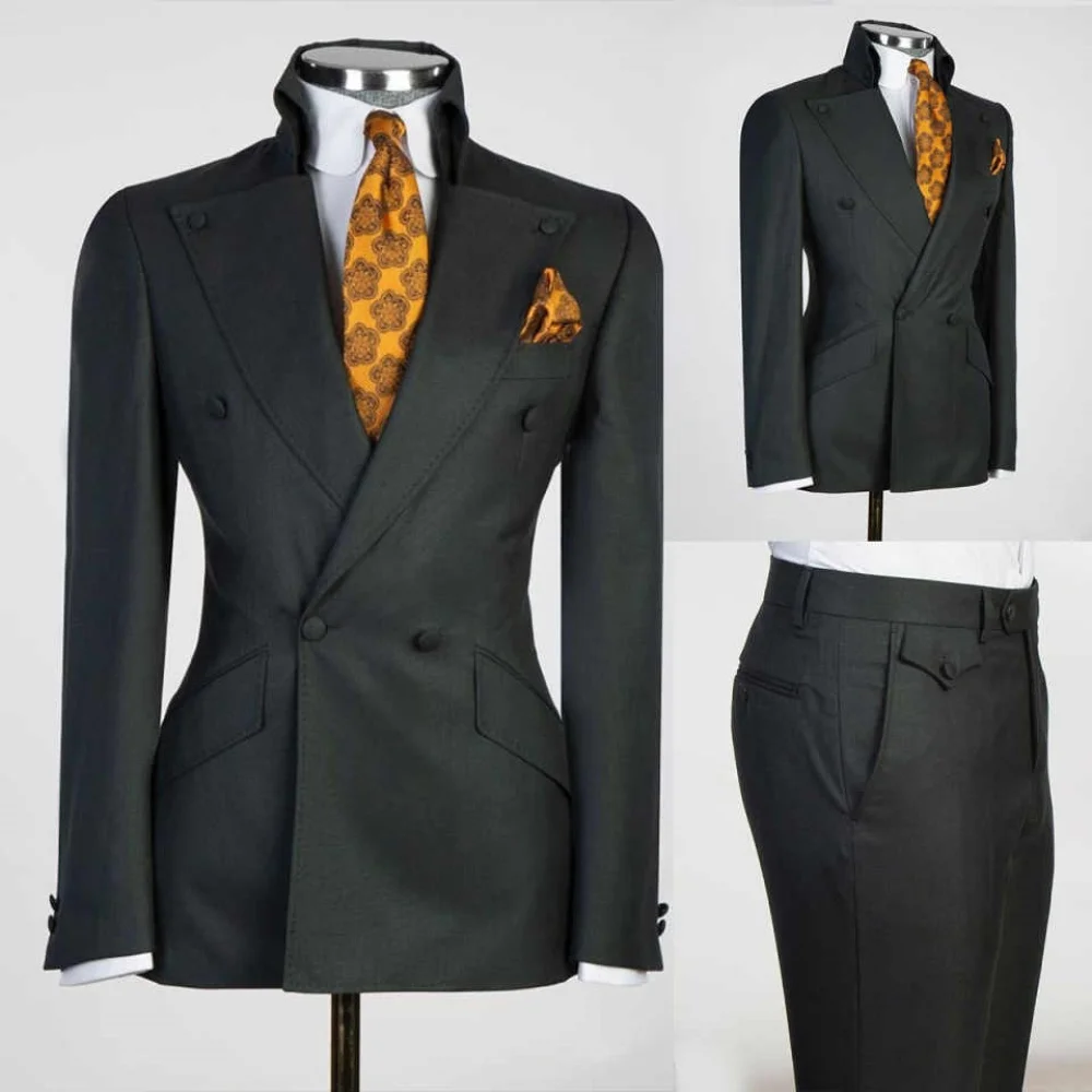 

Modern Men Suits 2 Pieces Blazer Pants Peaked Lapel Double Breasted Groom Tuxedos Formal Business Occasion Customized