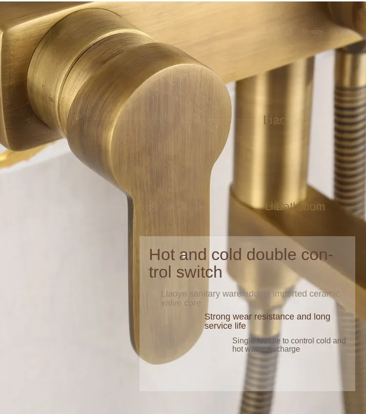Conjunto de torneira de chuveiro de latão antigo com torneira misturadora de alça dupla de chuva de 8 polegadas com bico giratório para banheira e prateleira elegante e