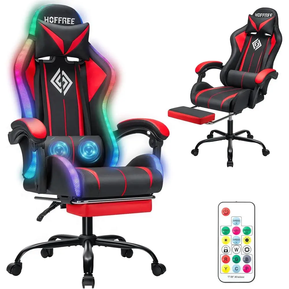 Ergonomic High-Back Gaming Chair with LED RGB Lights, Adjustable Lumbar Support and Linkage Armrests in Red and Black
