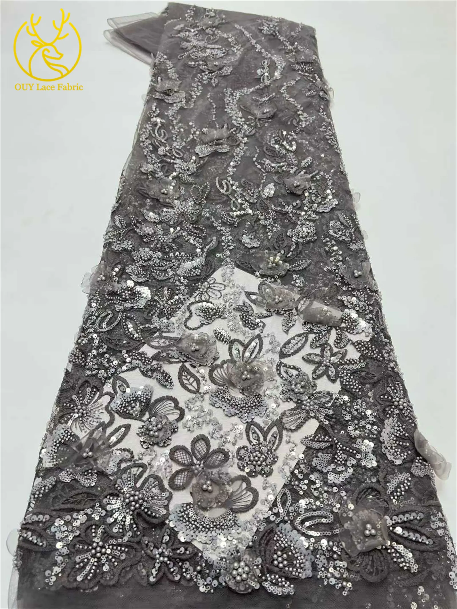 Luxuriöser afrikanischer Spitzenstoff mit Pailletten und Perlen, 2026, Premium-Qualität, grüner französisch-nigerischer bestickter Spitzenstoff, Partykleid, 5 Yards – Detail 8