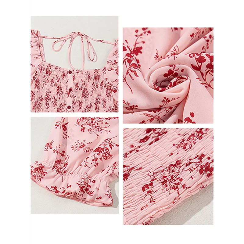 CGS-Vestidos casuales de verano para mujer, manga corta, cuello cuadrado, ahumado, vestido veraniego floral bohemio, minivestido fluido de corte A