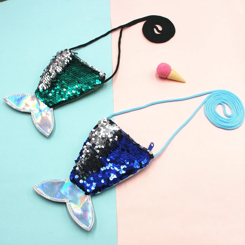 1Pcs Mini Sequin Girls Bag Coin Purse Fun Kids Cute Fashion Mermaid Tail Lightweight Single Shoulder Crossbody Bag Birthday Gift