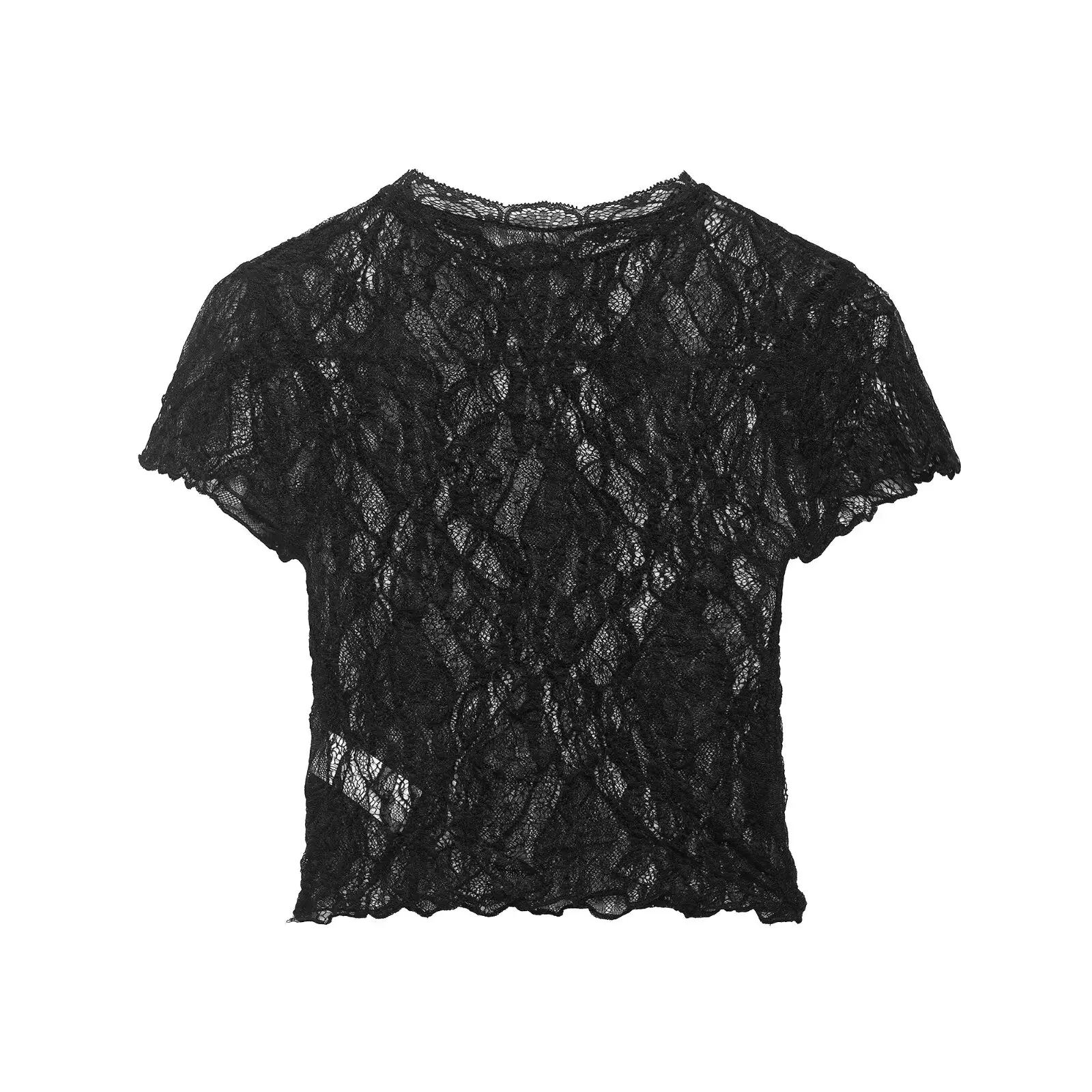 Willshela Women Fashion Solid Lace Hollow Out Pullover T-Shirts Vintage O-Neck Short Sleeves Female Chic Lady Tops