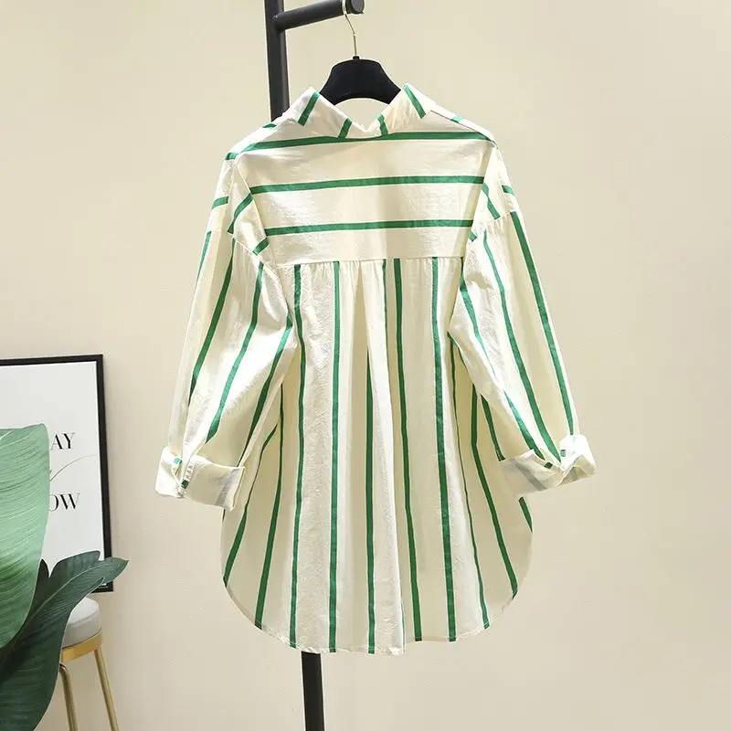 

New Cotton Striped Female Women's Blouse Korean Long Sleeve Button Tops Elegant Office Loose Shirts Tops 2024 News W24