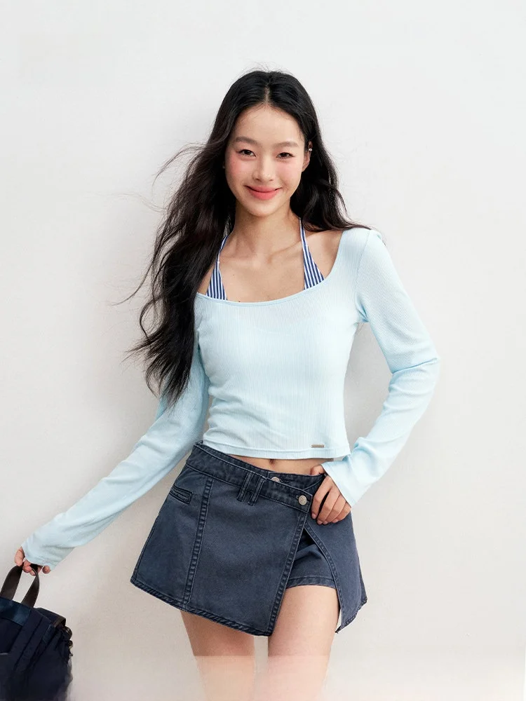 

Liilou lectual Striped Patchwork Fake Two-Piece Hanging Ne Belted Long Sve Knitted Sweater Women's Casual Sle Sli...