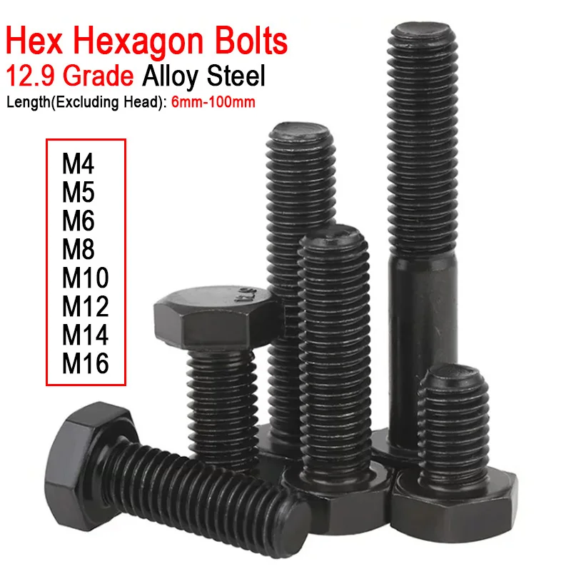 1/2~20Pcs M4 M5 M6 M8 M10 M12 M14 M16 Black Grade 12.9 Alloy Steel External Outside Hex Hexagon Head Screw Bolt Length 6mm-100mm