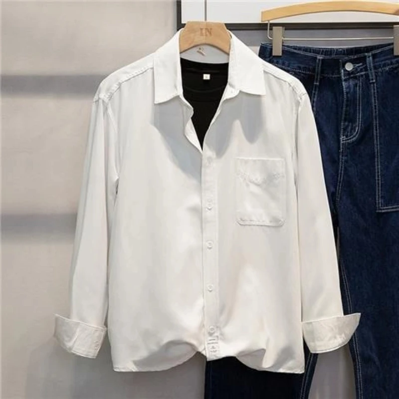 

Spring Autumn Long Sleeve Loose Smart Casual Shirt Tops Polo Neck Solid Fashion Blouse Casual Vintage Men 's Clothing