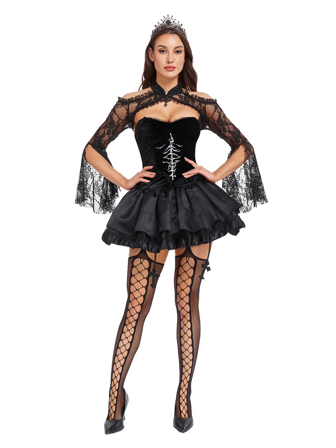 

Gothic Lace Devil Costume Dress Halloween Performance Punk Style Skeleton Cross Dress Women's Ethnic Stage Clothing