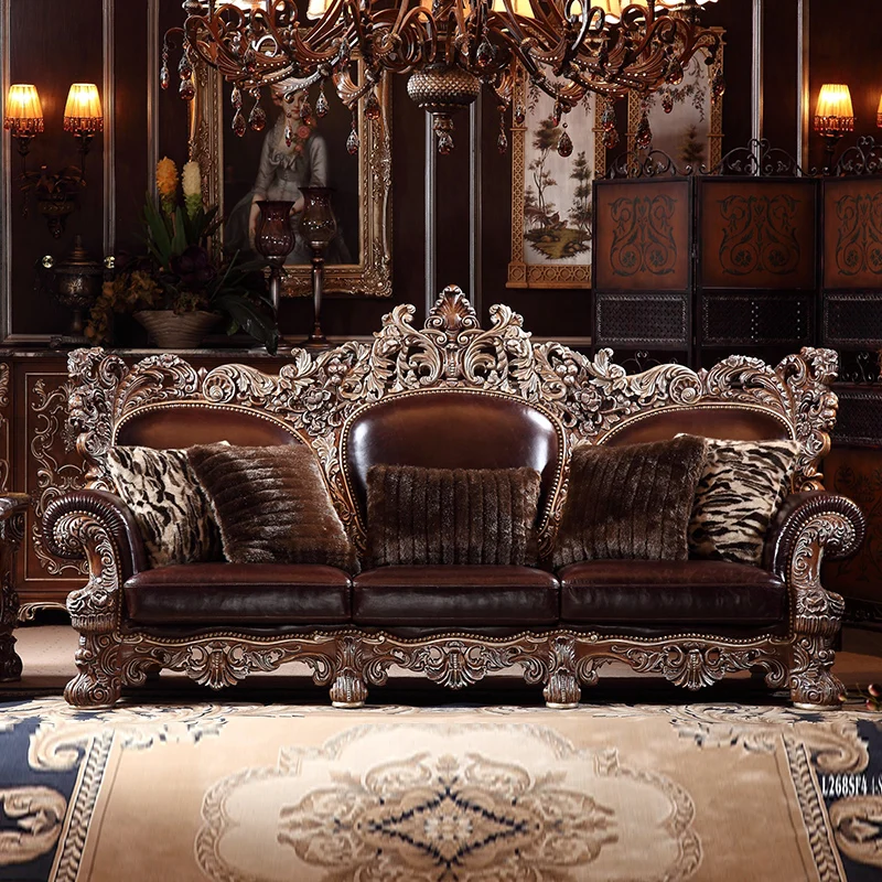 

European high-end solid wood sofa combination 123 people villa hotel leather sofa luxury furniture