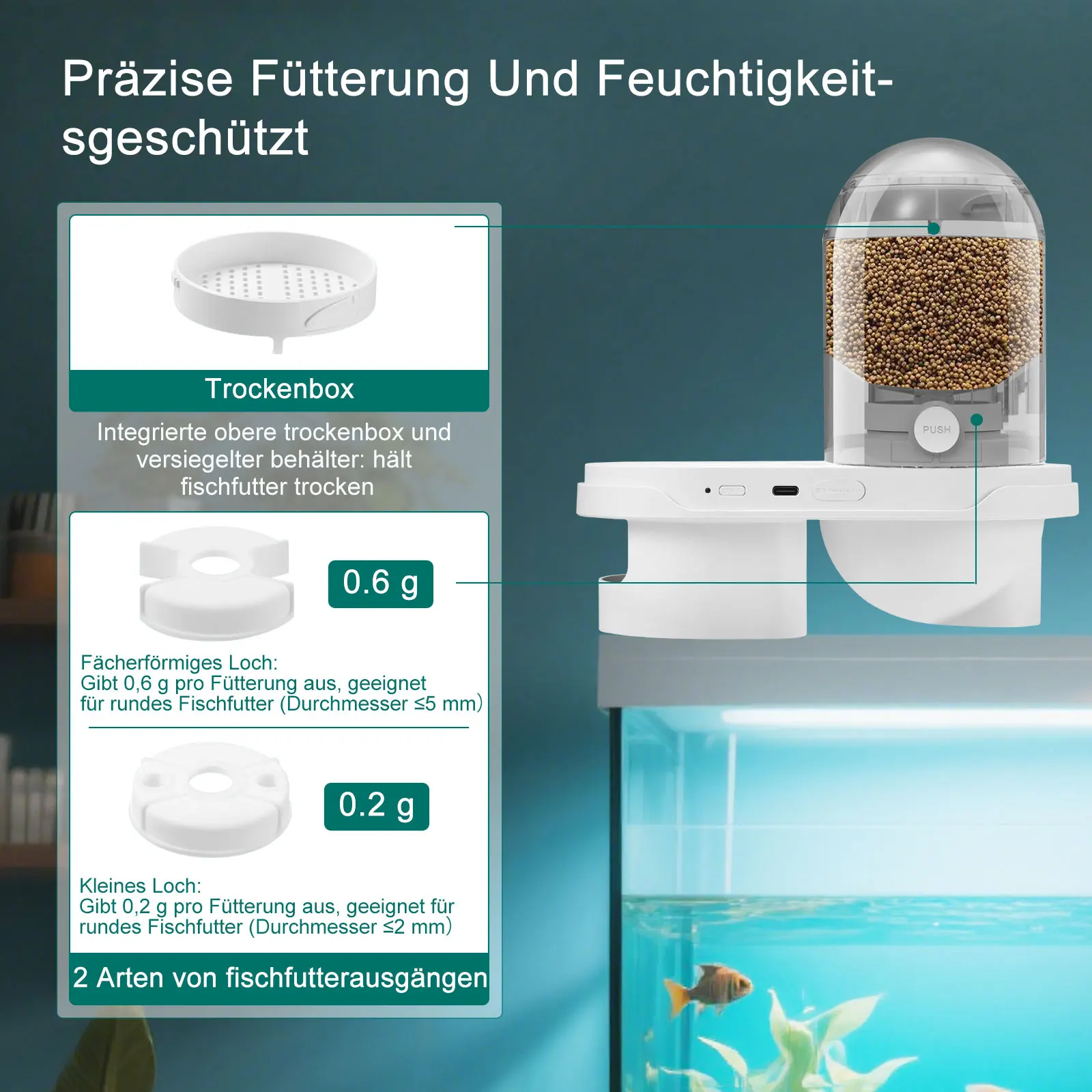 وحدة تغذية الأسماك الأوتوماتيكية الذكية مع كاميرا 2.5K، والتحكم في التطبيقات، وحدة تغذية العطلات، ونظام تغذية دقيق، وشاشة مرئية لحوض السمك