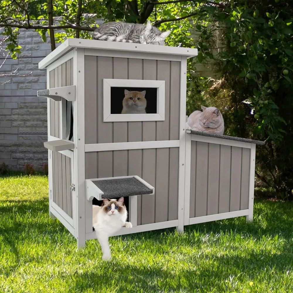 

Two Story Wooden Cat Houses Outdoor,Cat Shelter for 2-3 Feral Cats,Weatherproof in 3 Rooms,Roofs,3 Escape Doors,Acrylic Window