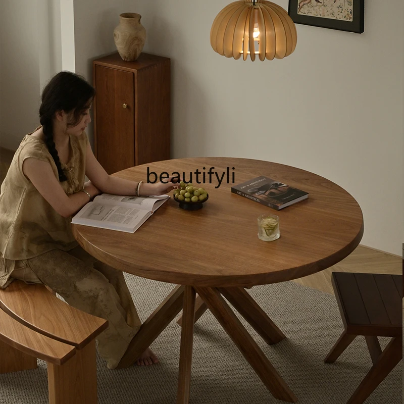 

Vintage Solid Wood Round Dining Table Natural Teak Creative Design Retro Home Round Table