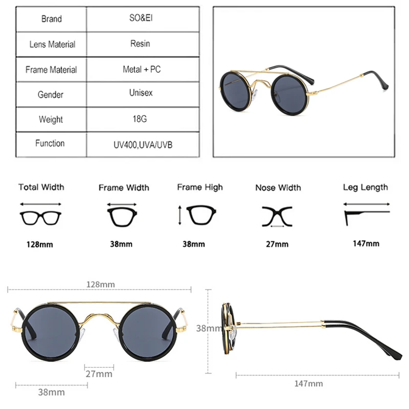 SO&EI Ins Popular Fashion Small Round Sunglasses Women Vintage Metal Punk Eyewear Men Clear Ocean Lens Shades UV400 Sun Glasses