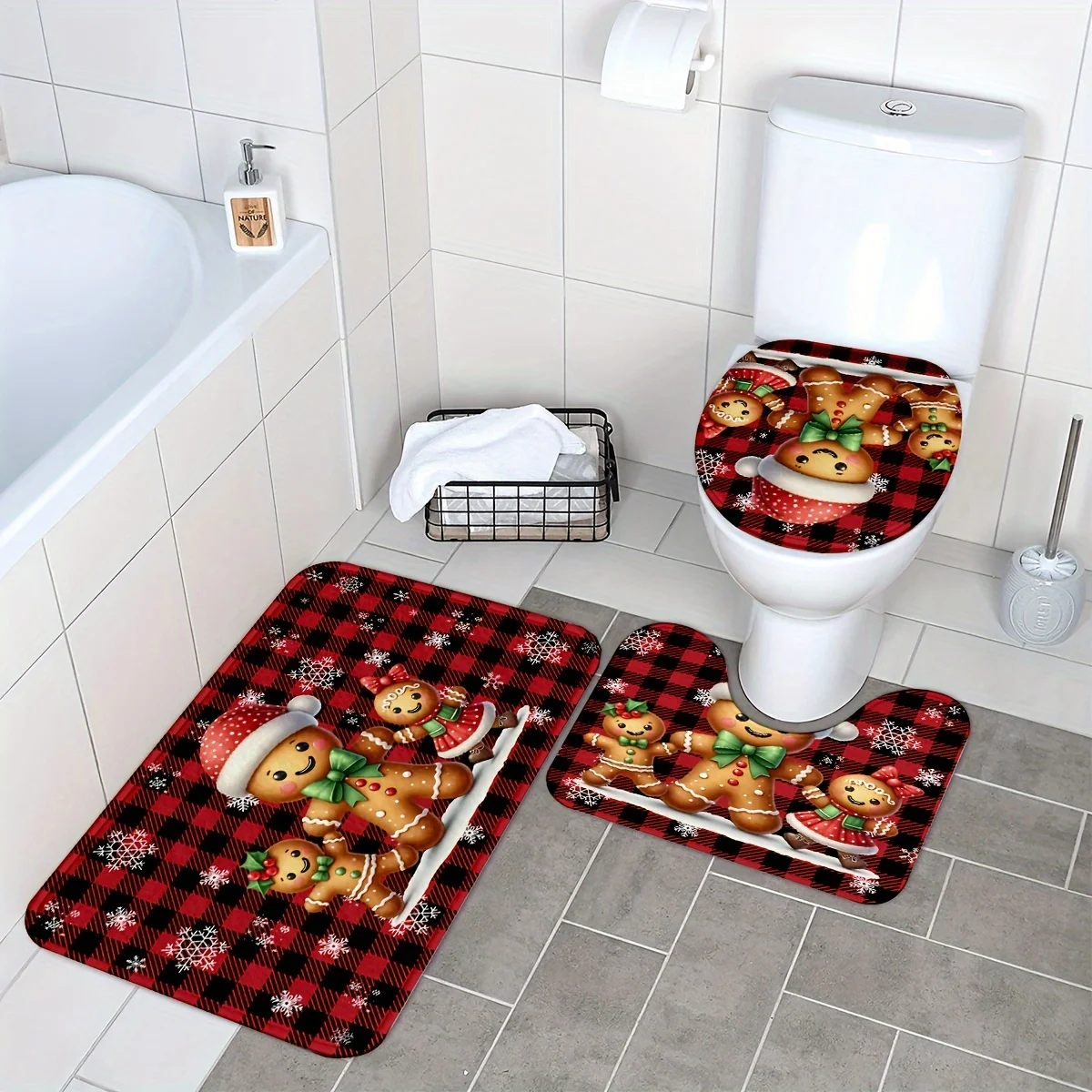 Festive Gingerbread Bathroom Set - Soft & Non-slip Contour Mat, Toilet Cover, and Bathtub Mat for Cozy Holiday Decor