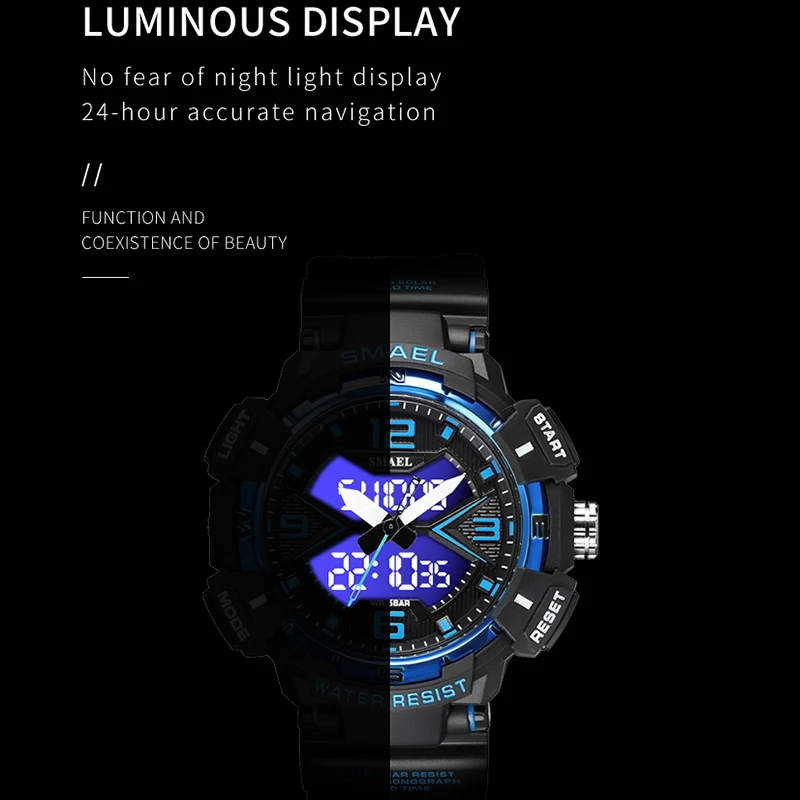 50m Waterproof Fashion Sport Watches for Men Military Wrist Watch Dual Disply Digial Led 8076 Military Watch Men Quartz Watches