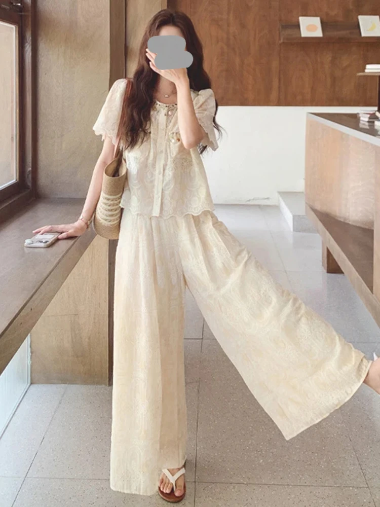 

Elegant Atmosphere Women's Summer Set Pants Korean Style Short Sleeve round Neck Open Cardigan Two-Piece Suite Luxury Feel