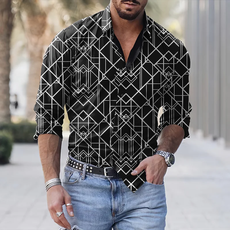 Camisa geométrica para hombre, camisa de manga larga con estampado 3D, Top grande informal, ropa de otoño, primavera y otoño, nueva