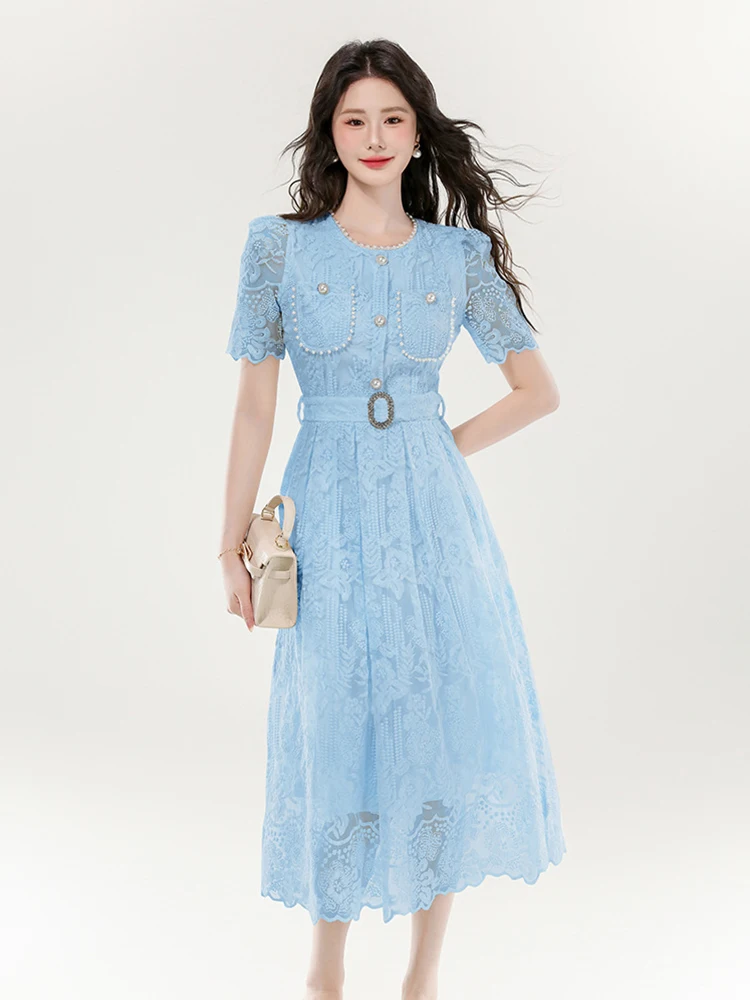 Ropa de mujer dulce encaje Floral transparente manga corta ajustado Midi A-Line vestido elegante moda Vestidos de fiesta bata Casual novedad de verano