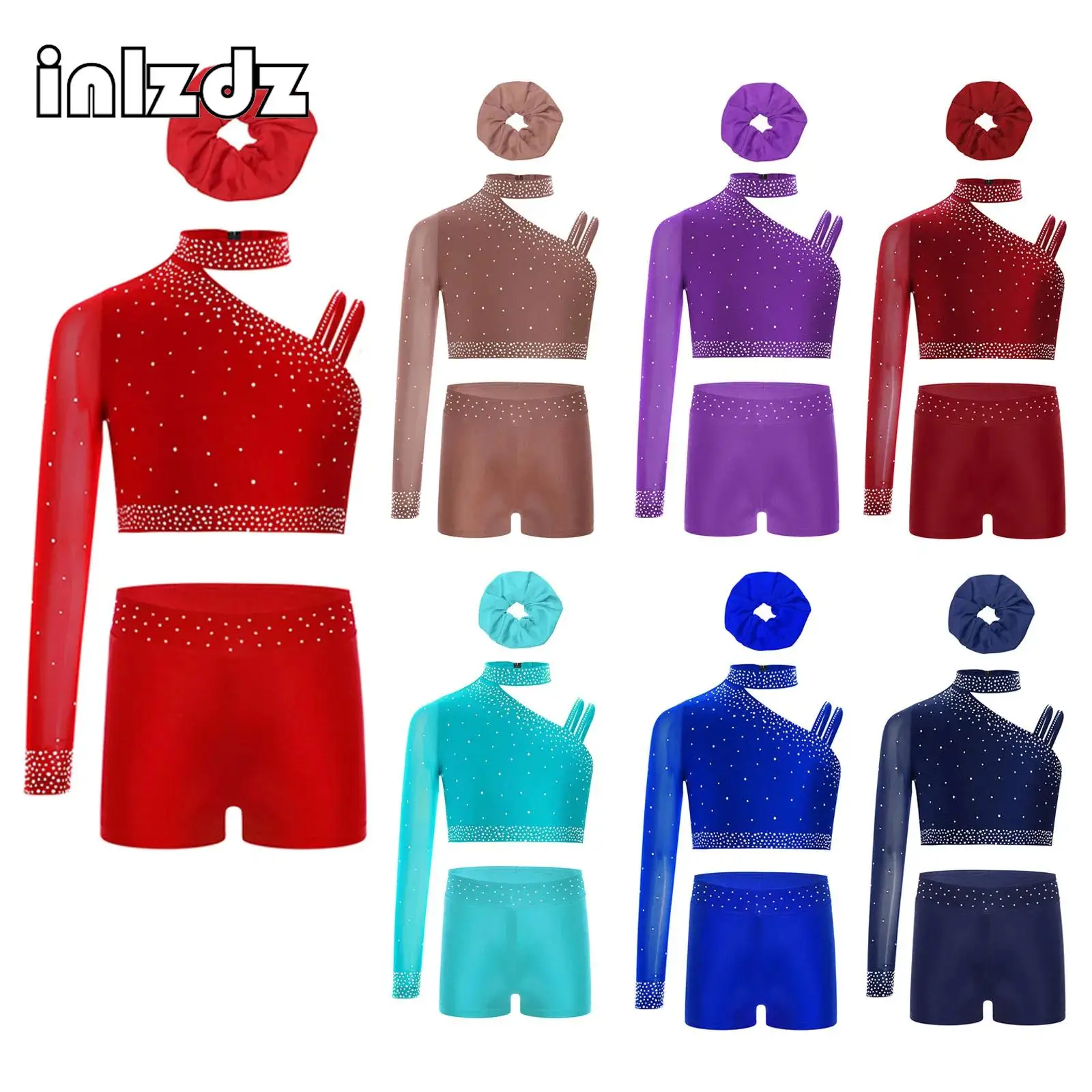 

Girls Sparkly Ballet Dance Outfit Rhinestones Crop Top with Shorts And Hairband for Figure Skating Dance Gymnastics Performance
