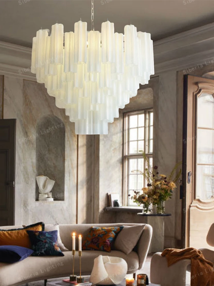 Tiered Frosted Flower Glass Tubes Chandelier Vintage Luxury Home Ceiling Pendant Lamps High Ceiling Lighting Fixtures LED Lustre