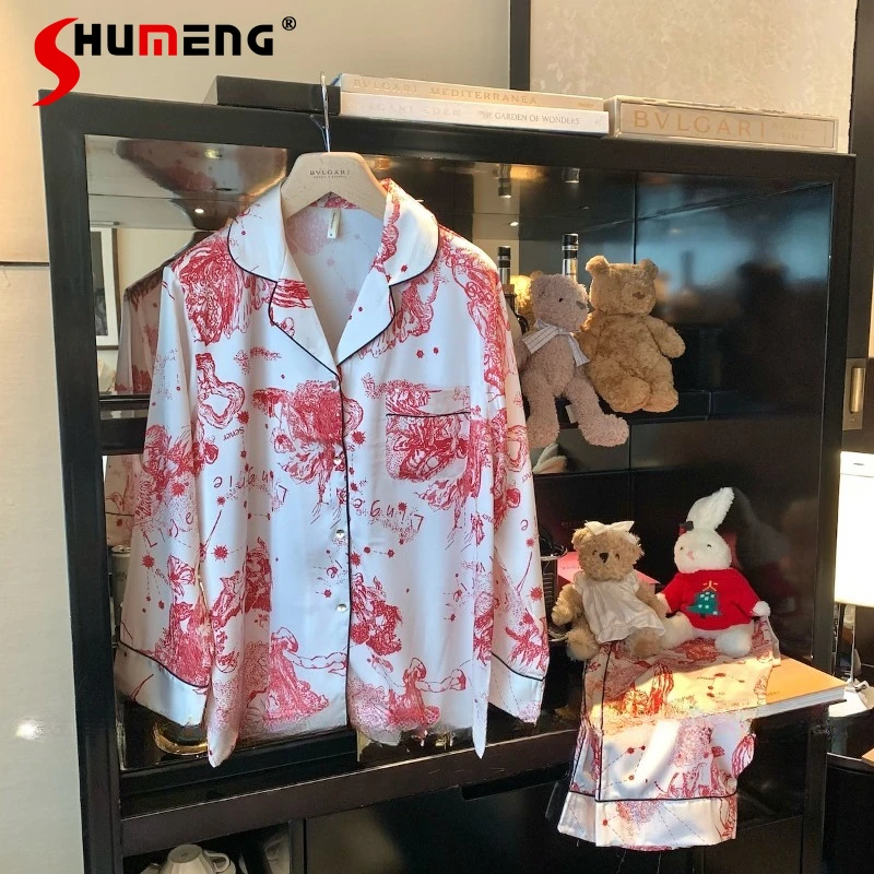 

Сексуальные пижамные комплекты из ледяного шелка для женщин: весенне-осенняя новинка, элитный новогодний красный домашний костюм в японском стиле для сна