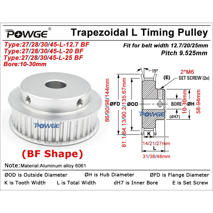 POWGE 27 28 30 45 teeth L Timing Pulley Bore 14/15/16/17/18/19/20/22/24/25/28/30mm for Belt width 13/20/25mm 27T 28T 30T 45T