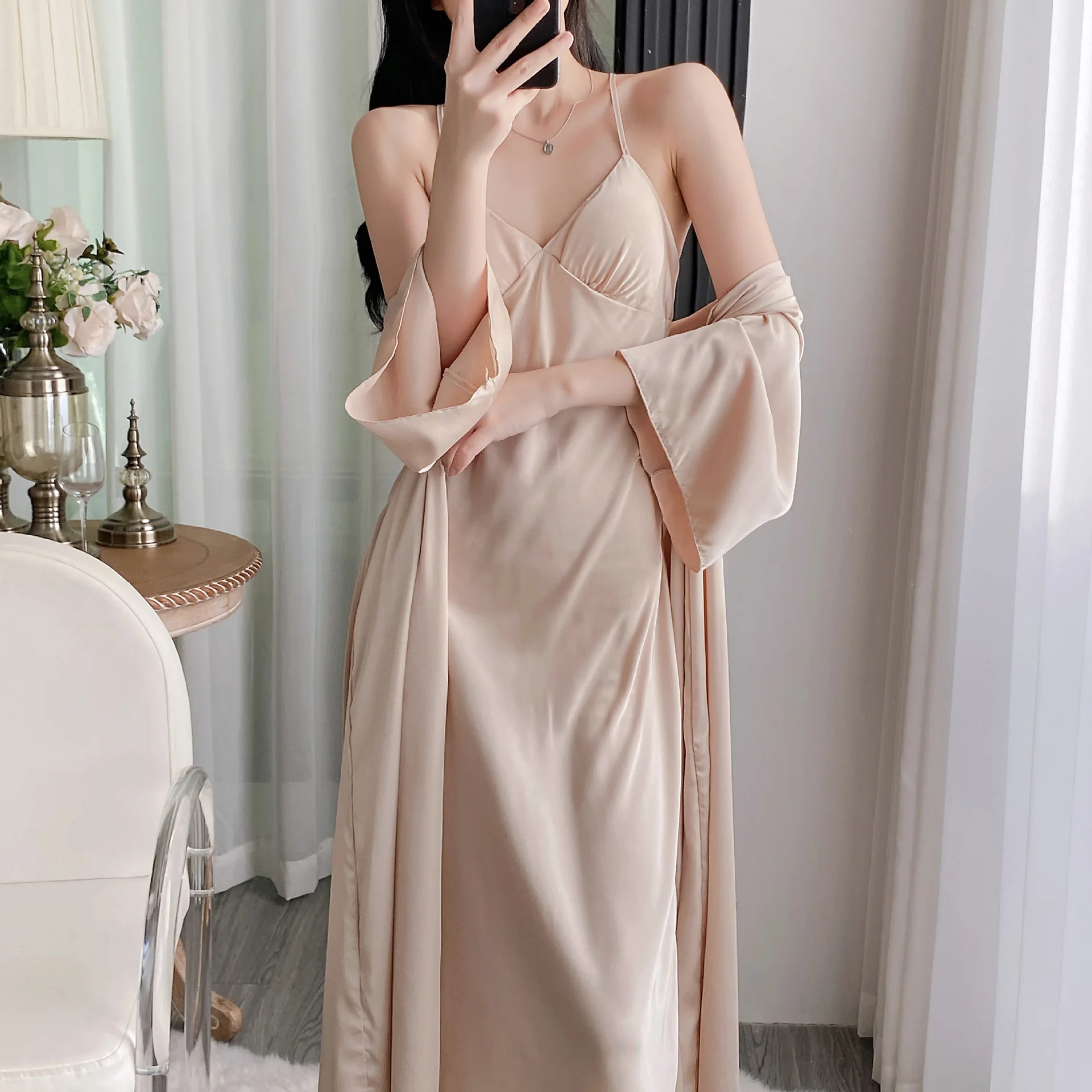 Satin Spring Autumn Sexy Medium and Long Suspender  Silk Nightdress Women's Summer Pajamas Nightgown Two-piece Set Chest Pad