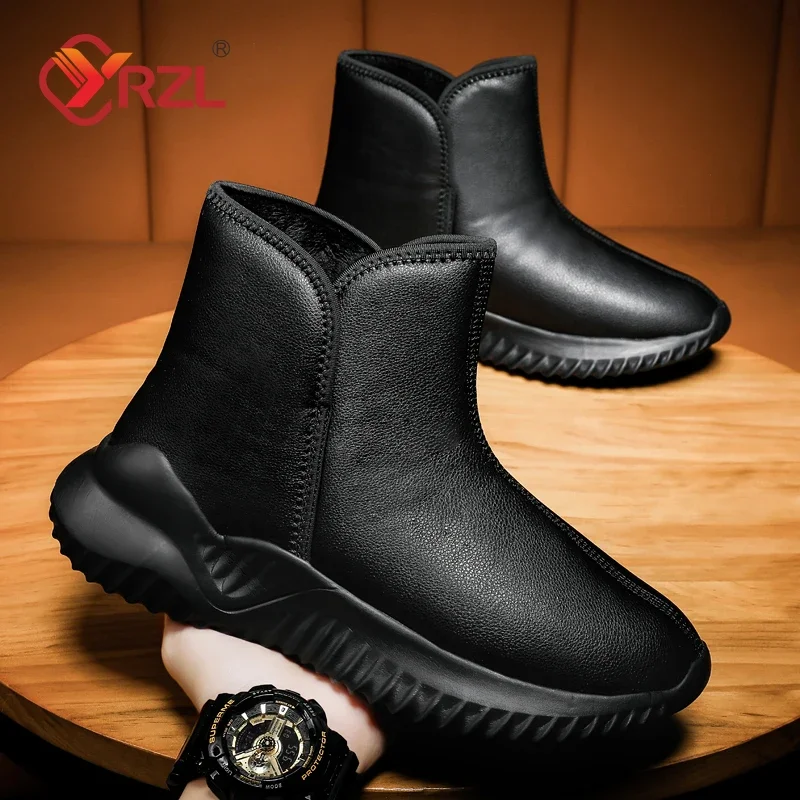 

YRZL Men's Winter Black Boots 2024 Warm Plush Mens Boots Non-slip Lightweight Cotton Boots Slip on Ankle Winter Casual Shoes Men