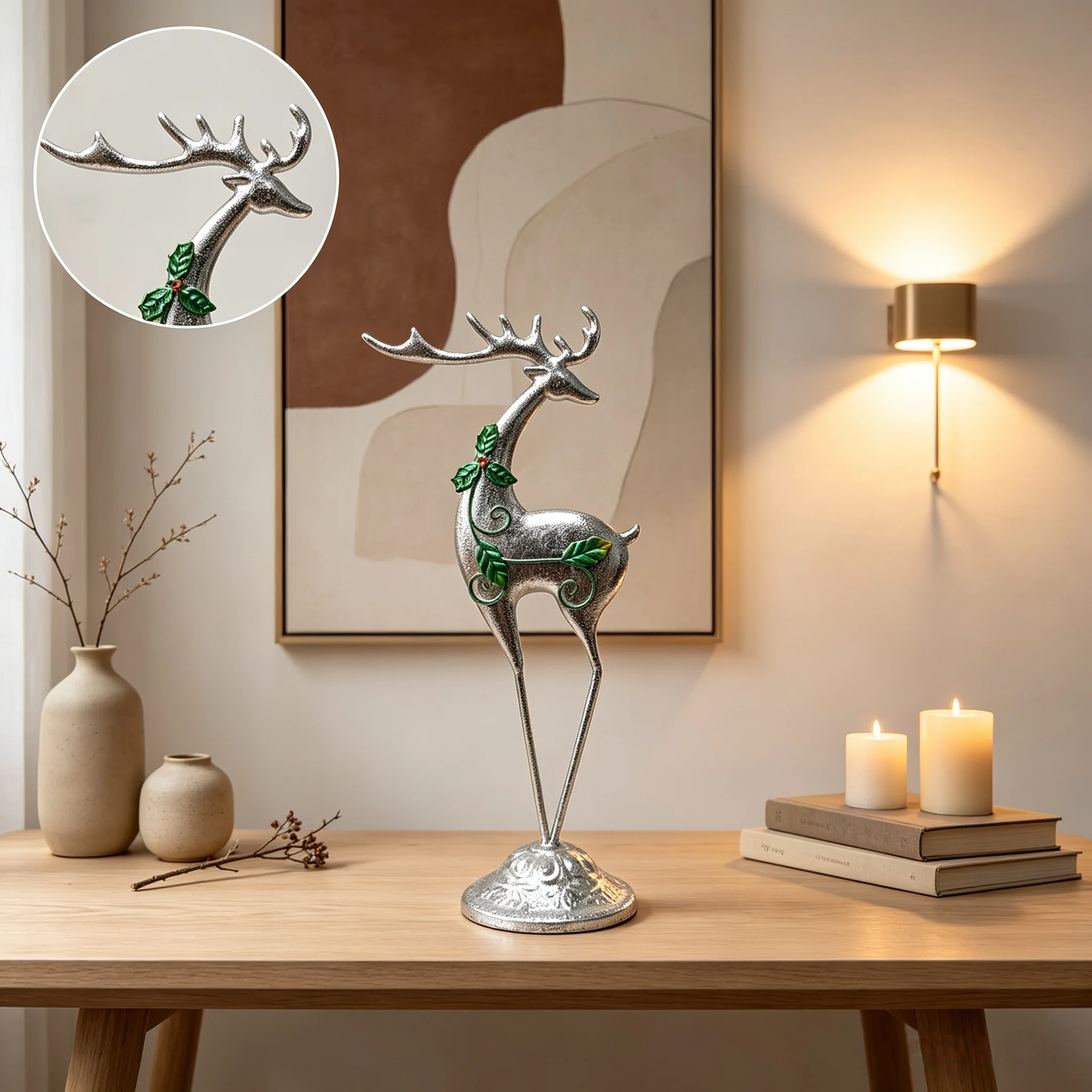 Silver Christmas Reindeer Tabletop Ornament with Holly Leaves Holiday Home Xmas Decoration