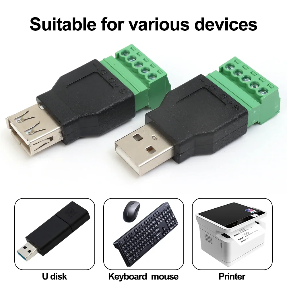 USB 2.0 Type A Male/Female to 5 Pin Screw Connector USB Jack with Shield USB2.0 to Screw Terminal Plug No Welding Required