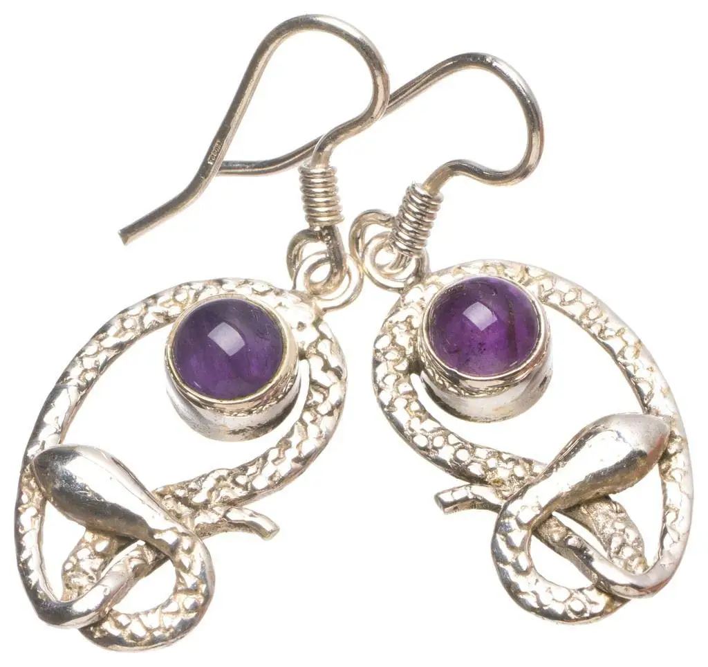 StarGems® Natural Amethyst Snake Handmade Unique Snake Shape 925 Sterling Silver Earrings 1 1/2