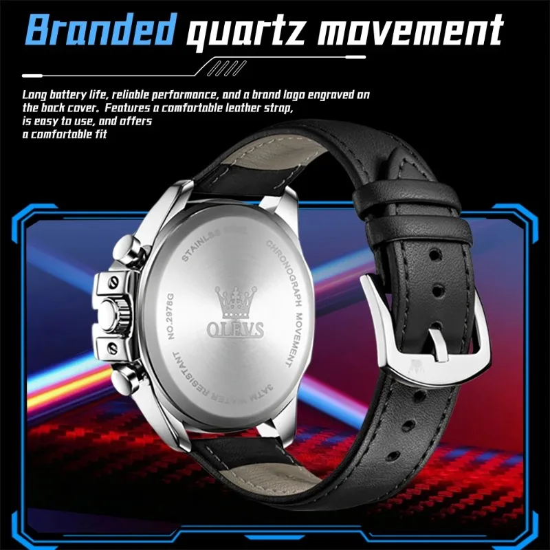 OLEVS 2978 Brand original authentic watches for man luxury Gift Box Leather strap, large dial, quartz men's watch