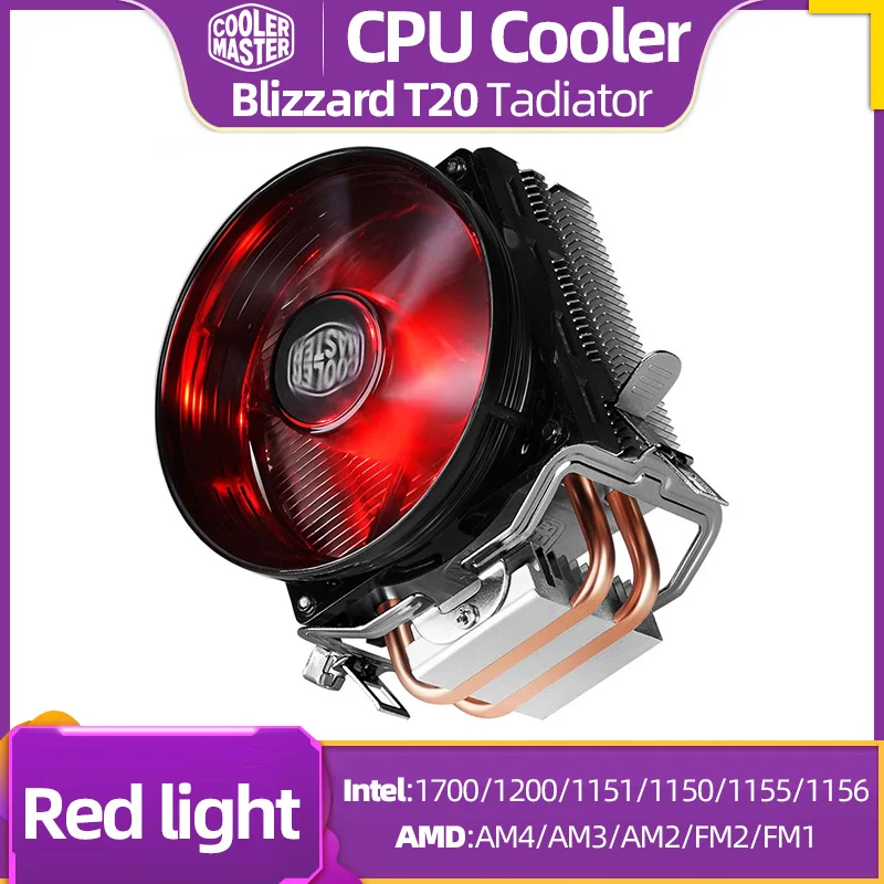 Refroidisseur Master T20 CPU, refroidisseur 2 caloducs, à faible bruit, pour lincome 115X/1200/1700 AMD AM4/AM3 95.5mm, refroidissement silencieux, ventilateur LED rouge