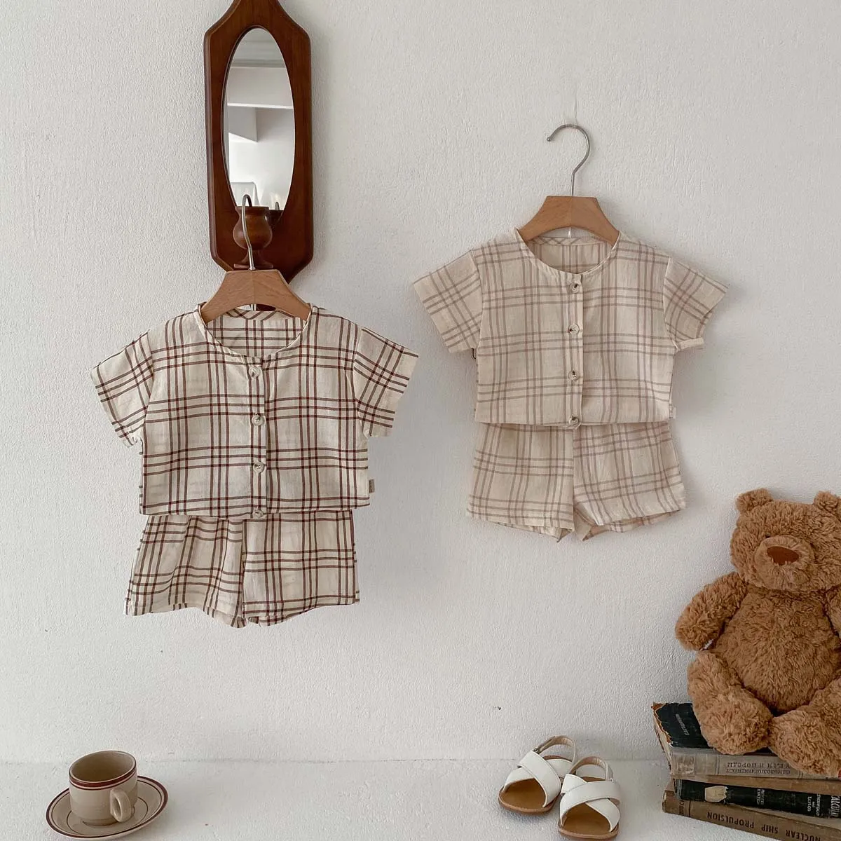 Infant Suits Baby Boys Girls Plaid Short Sleeved Top with Shorts One Sets Baby Clothes 1-3 Years Old